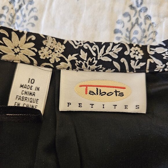 Talbots Petites 100% Silk Black White Floral Midi Skirt Size 10P Lined Side Slit - Picture 3 of 14